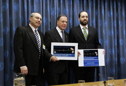 Left to right: Avi Hochman, CEO and President, Israel Post, Dan Gillerman, Permanent Representative of Israel to the United Nations, and Ariel Atias, Minister for Communications of Israel, hold pictures of the Holocaust Remembrance stamps launched by the UN Postal Administration and the government of Israel, in observance of the International Day of Commemoration of the victims of the Holocaust (27 January). 
