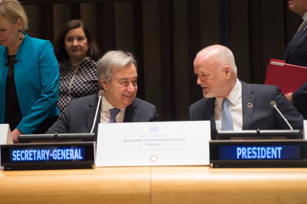 Photo: Secretary-General António Guterres (left) with Peter Thomson, President of the General Assembly, at the high-level dialogue on building sustainable peace for all.