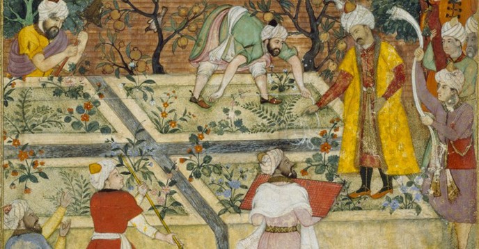 Emperor Babur (1483–1530) superintending the laying-out of a Garden in Kabul. By Bishndas and Nanha, ca. 1590.
