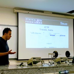 The Physics Without Frontiers team also discussed opportunities at CERN, ICTP, DESY, and elsewhere for further studies, talking about possibilities with students and professors in the Careers and Opportunities in High Energy Physics session organized at each university. This picture was snapped at UIS in Bucaramanga, Colombia.