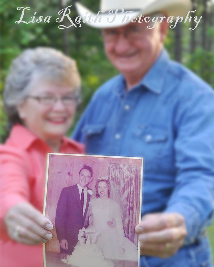 Anniversary idea--take a pic of the couple holding a photo from their wedding!  This couple is celebrating their 50th this year!