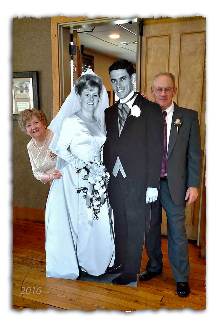 A 6' cutout wedding picture taken 50 years ago was a hit at our 50th Wedding Anniversary celebration!  Here's the site I ordered it from:  http://www.dreamscenesinc.com/products/Custom-life%252dsize-Standup.html