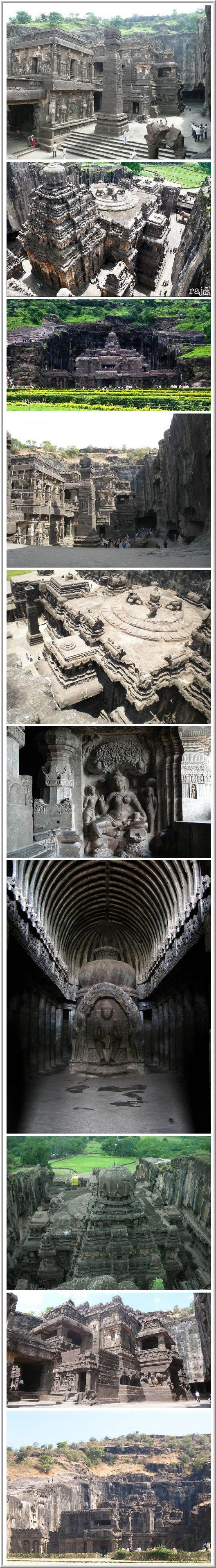 Ellora Caves: Cave temples of India  In the Indian state of Maharashtra is the village of Ellora with 34 amazing caves, carved into the mountain Charanandri vertical surface. Ellora – the official World Heritage Site by UNESCO. The caves consist of 12 Buddhist, 17 Hindu and 5 Jain temples and monasteries built during the period from VI to X vek.Eti cave – a sign of religious harmony that prevailed in India during this period. Ellora Caves.