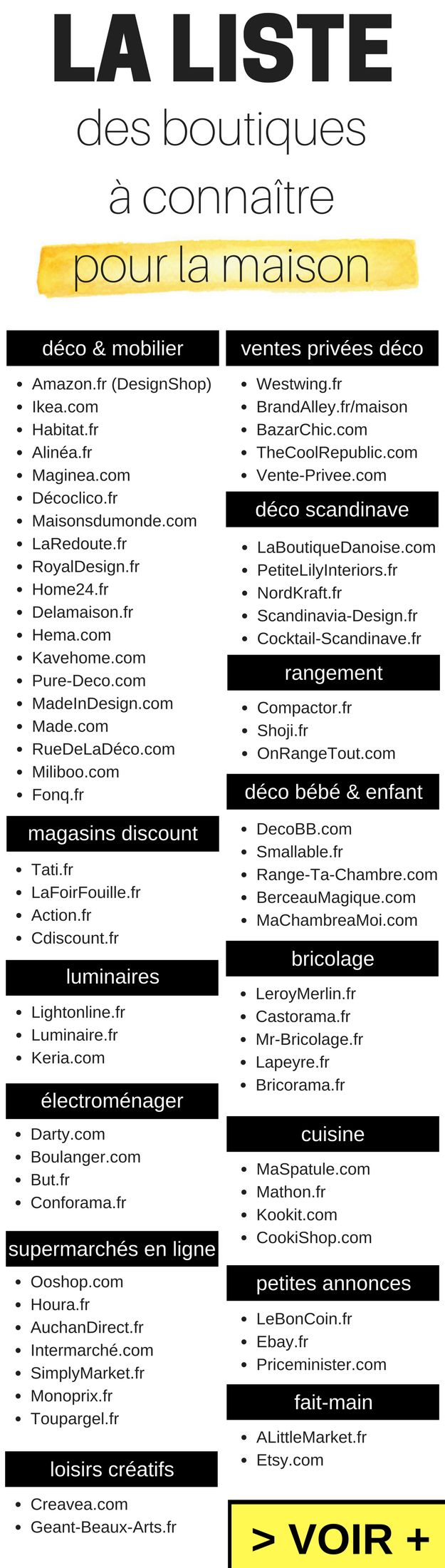La liste des boutiques à connaître pour la maison (déco, mobilier, rangement, magasins discount, courses en ligne,...) http://www.homelisty.com/magasins-deco-et-meubles-en-ligne/