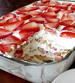 STRAWBERRY CREAM CHEESE ICEBOX CAKE
2 lb. strawberries
2 sleeves graham crackers
1 -8 oz. pkg. cream cheese, room temperature
1 -14 oz. can sweetened condensed milk
2- 3.4 oz. pkg. instant cheesecake flavored pudding
3 cu. milk
1- 12 oz. carton whipped topping, divided

FULL RECIPE : http://cookyourfood1.blogspot.com/2016/08/strawberry-cream-cheese-icebox-cake.html

**Please - We need your help to stay in this social network. Say something about our posts (yes, yum or smile emoticon will do) or we'll completely disappear from your news feed. Appreciate your help.
tag