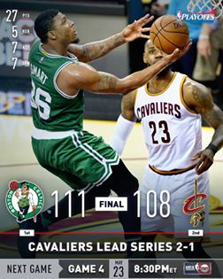 The @[8725012666:274:Boston Celtics] defeat the @[69048043277:274:Cleveland Cavaliers] 111-108 on @[1374908146125089:274:Marcus Smart]'s 27/7/5! http://on.nba.com/2q0nD1n