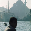 View on Suleymaniye Mosque from the Bosphorus, port, boats, peninsula