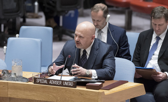 مجلس الأمن الدولي يستمع إلى إحاطة من كريم أسعد أحمد خان رئيس فريق التحقيق التابع للأمم المتحدة لتعزيز المساءلة عن الجرائم المرتكبة من تنظيم داعش.