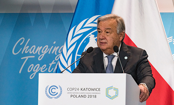 United Nations Secretary-General António Guterres addressing the High-Level session of the Katowice Climate Change Conference, COP24, on 3 December 2018.