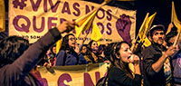 Civil society groups that support gender equality participate in the “Vivas Nos Queremos” (“We want/love ourselves alive”) march outside of the National Assembly building during the Assembly’s enactment of the Law against the violence of women, 26 November 2017, in Quito, Ecuador. Photo: UN Women/Martín Jaramillo.