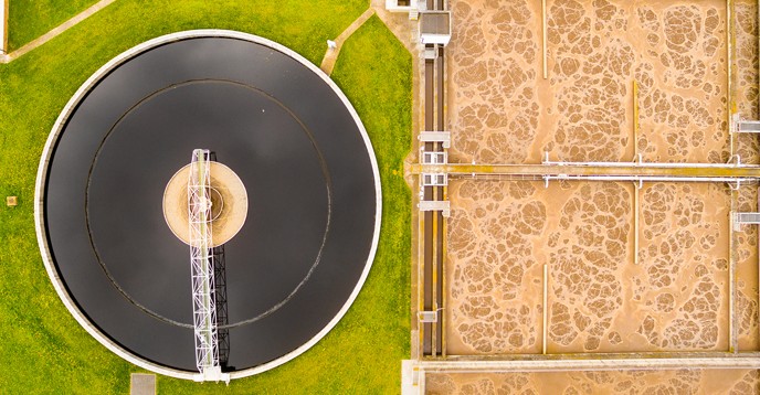 Aerial view of biogas plant for sewage treatment