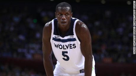 SHENZHEN, CHINA - OCTOBER 05:  Gorgui Dieng #5 of the Minnesota Timberwolves looks on during the game between the Minnesota Timberwolves and the Golden State Warriors as part of 2017 NBA Global Games China at Universidade Center on October 5, 2017 in Shenzhen, China. NOTE TO USER: User expressly acknowledges and agrees that, by downloading and or using this Photograph, user is consenting to the terms and conditions of the Getty Images License Agreement.  (Photo by Zhong Zhi/Getty Images)
