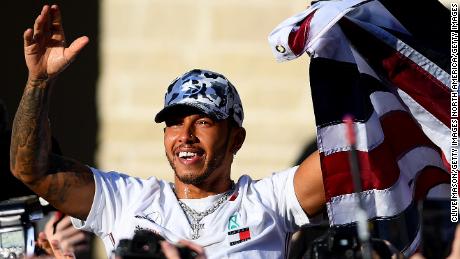 AUSTIN, TEXAS - NOVEMBER 03: 2019 Formula One World Drivers Champion Lewis Hamilton of Great Britain and Mercedes GP celebrates after the F1 Grand Prix of USA at Circuit of The Americas on November 03, 2019 in Austin, Texas. (Photo by Clive Mason/Getty Images)