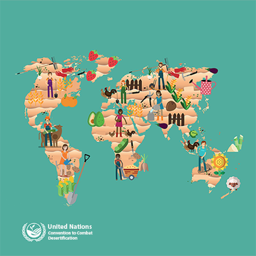Illustration depicting a map of the world with people, animals and vegitation.