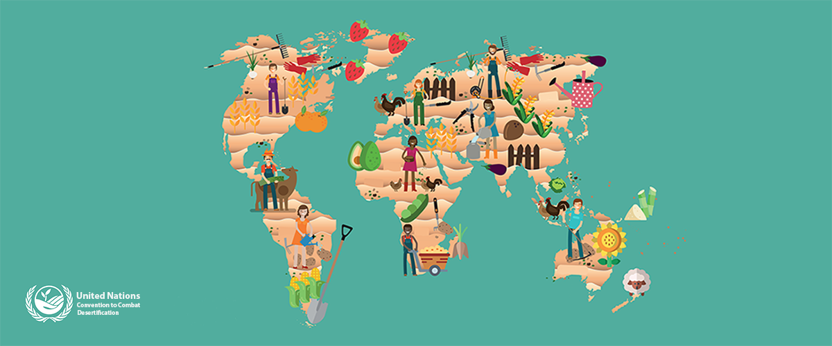 Illustration depicting a map of the world with people, animals and vegitation.