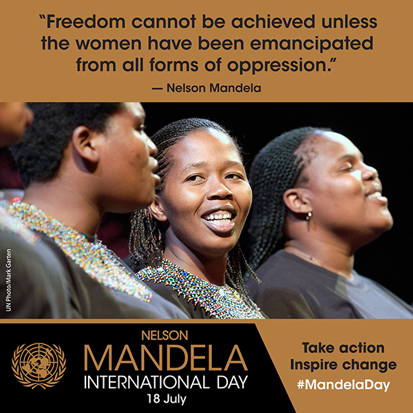 photo card with the quote: 'Freedom cannot be achieved unless the women have been emancipated from all forms of oppression.'