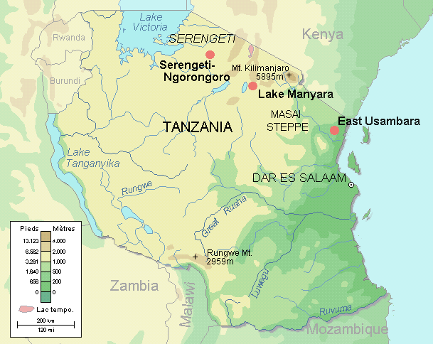 Locations of the existing biosphere reserves in Tanzania as of 2012