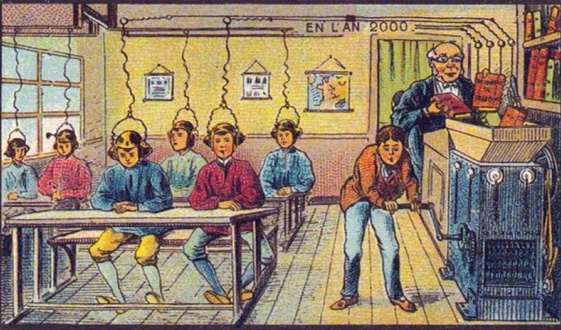 This image, titled “At School,” was created by French artist Jean-Marc Côté around the year 1900 as a vision of education in the year 2000.
