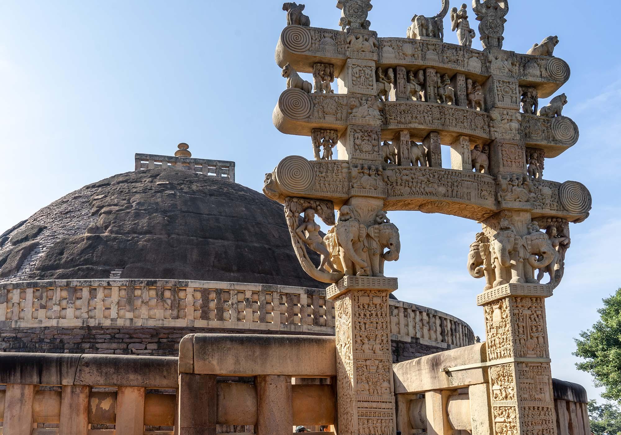 One of the four gateways that sit at the cardinal points around the Great Stupa of Sanchi and have the intricate carvings on the architraves. – © Michael Turtle