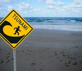 Yellow "Tsunami Warning" sign located a beach 