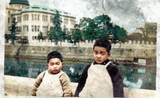 Brothers and the Hiroshima Prefectural Industrial Promotion Hall (Atomic bomb Dome) in 1938. Courtesy of Tokusô Hamai.