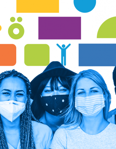 Group of smiling young people with masks