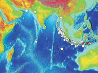 Lugares de origen del Tsunami en el Océano Indio.