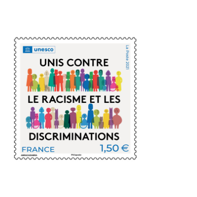 The stamp reads "together against racism". Different individuals can be seen together
