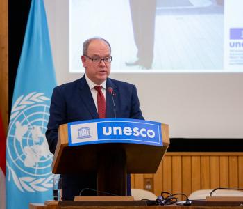 Prince Albert II delivers speech at UNESCO during ceremony
