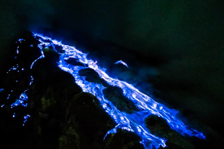 Blue fire can be observed at night in Ijen UNESCO Global Geopark. High concentrations of sulphur rise from the active crater before igniting as they encounter the oxygen-rich atmosphere; as the gas burns, it forms an electric blue flame which is unique and only visible at night.