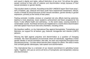 Mensaje de la Sra. Audrey Azoulay, Directora General de la UNESCO, con motivo del Día Internacional contra la Homofobia, la Transfobia y la Bifobia, 17 de mayo de 2023