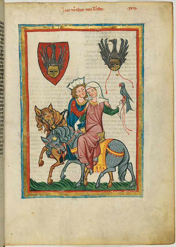 MoW Codex Manesse Fig. 3 Wernher von Teufen, mentioned 1219-1223, Minnesinger and his lady as lovers, fol. 69r