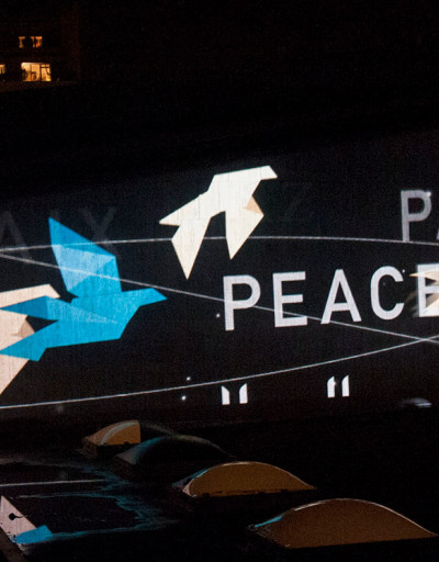 Word "peace" projected on UNESCO HQ Building - 15 November 2015