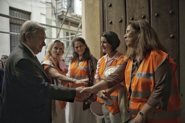 UN Secretary-General Antonio Guterres visits the rehabilitation works of the Santa Clara Convent in Havana, supported by the EU-funded Transcultura programme
