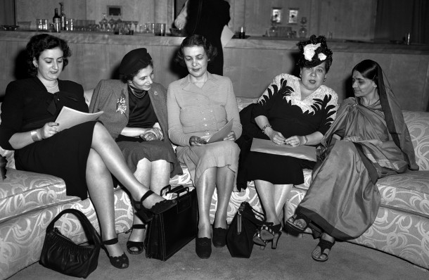 Left to Right: Angela Jurdak (Lebanon), Fryderyka Kalinowski (Poland), Bodgil Begtrup (Denmark), Minerva Bernardino (Dominican Republic), and Hansa Mehta (India), delegates to the Sub-commission on the Status of Women, New York, May 1946. 