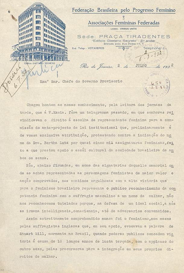 Letter from Brazilian Federation for Women's Progress and allied groups to president Getulio Vargas suggesting Bertha Lutz as member of the Constitutional Drafting Comission 1932 