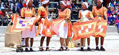 Culture group from Hardap region in their traditional dresses, dancing to the Aboxan Musik ǀŌb ǂÂns tsî ǁKhasigu (ancestral musical sound, knowledge and skills) during the Regional Culture Festival